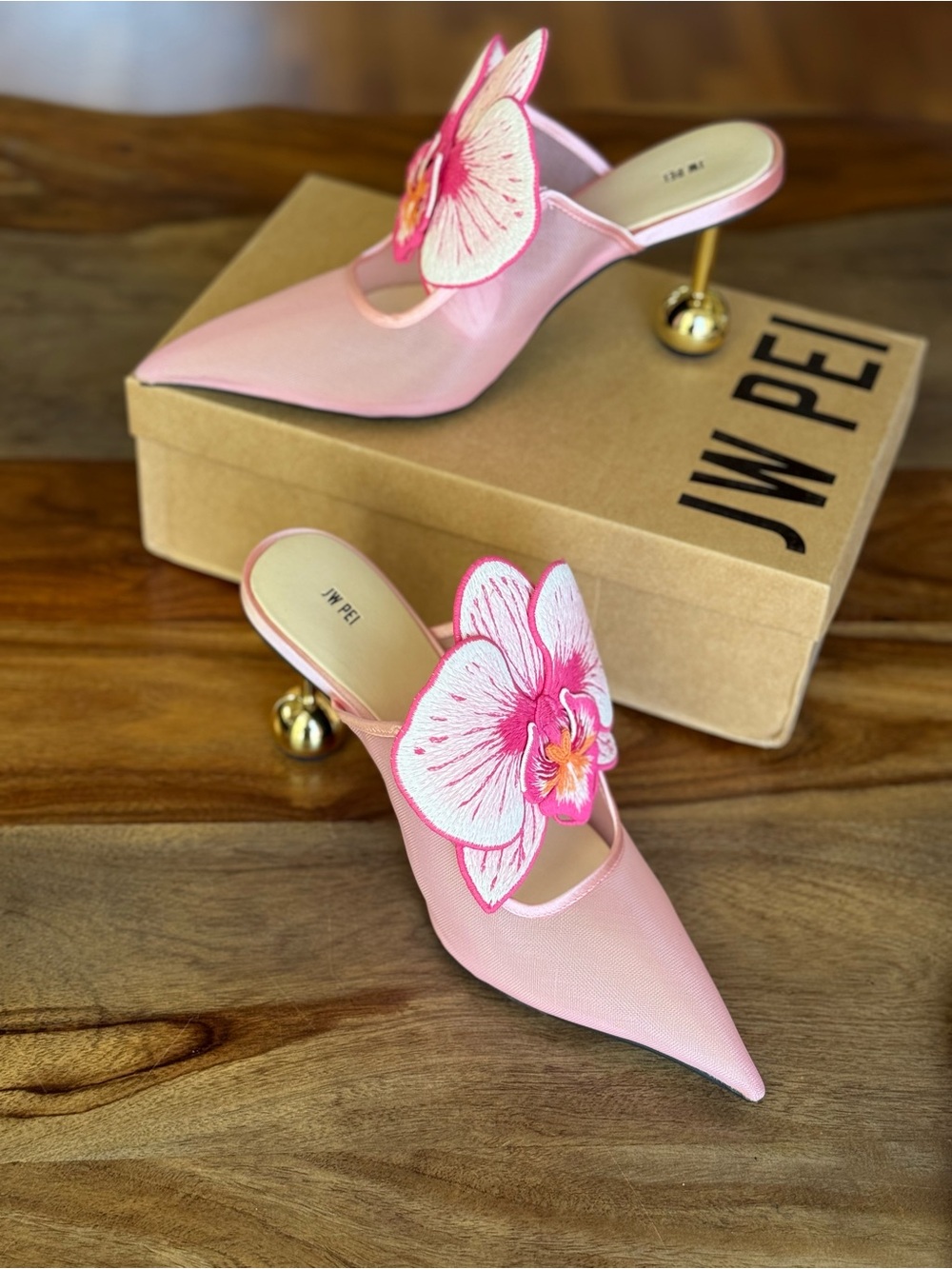 JW PEI Pink Orchid Appliqué Pointed Mules with Gold Ball Heels
